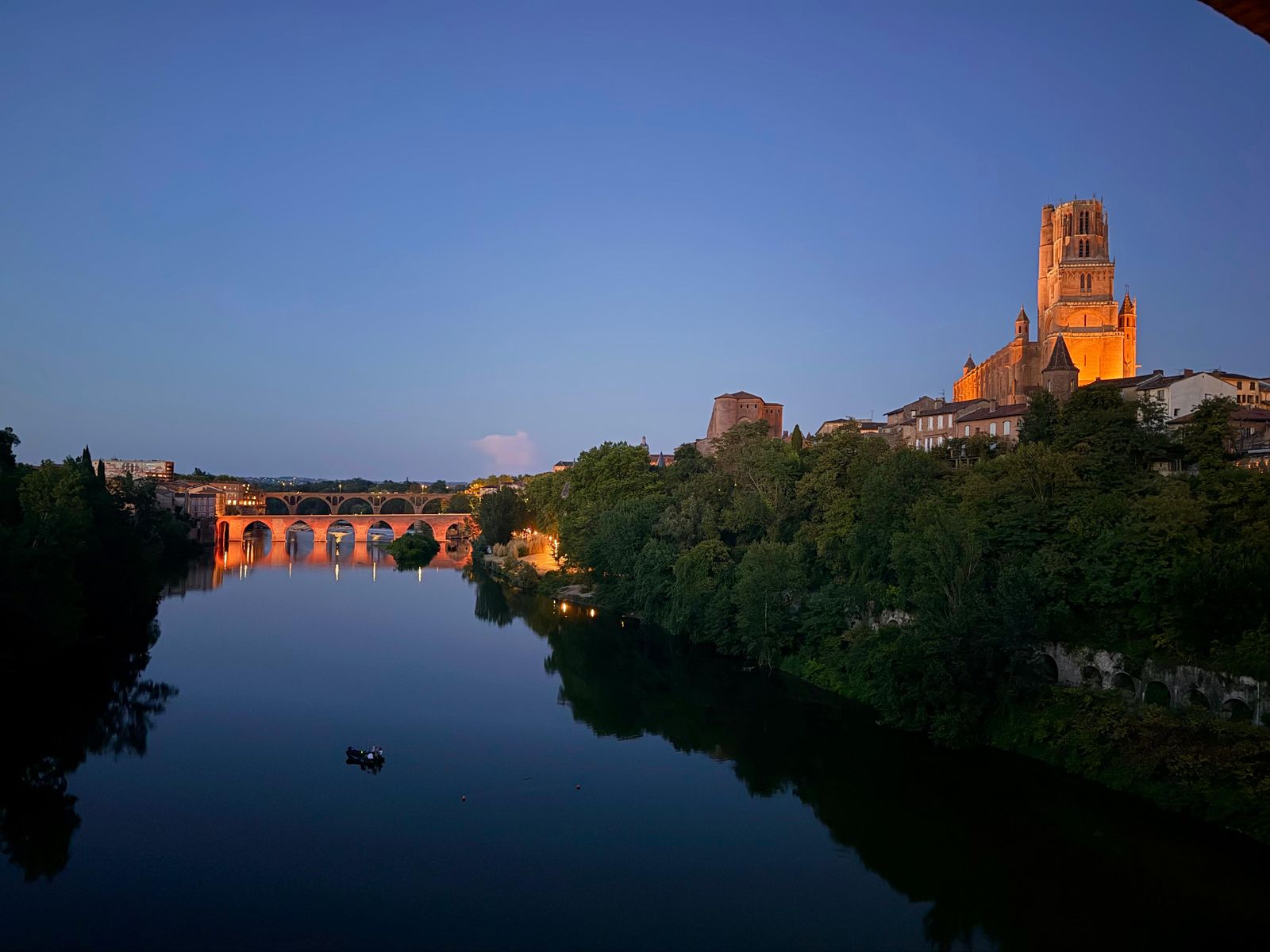 La cathédrale Sainte-Cécile d'Albi illuminée et le Pont-Vieux sur le Tarn